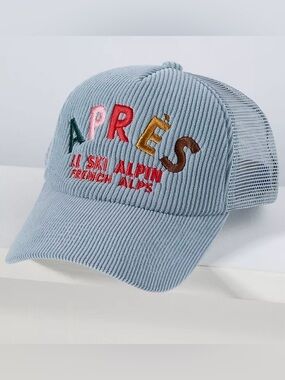 NWT Anthropologie Worn/West Après Ski Corduroy Trucker Hat Blue Alps Embroidered